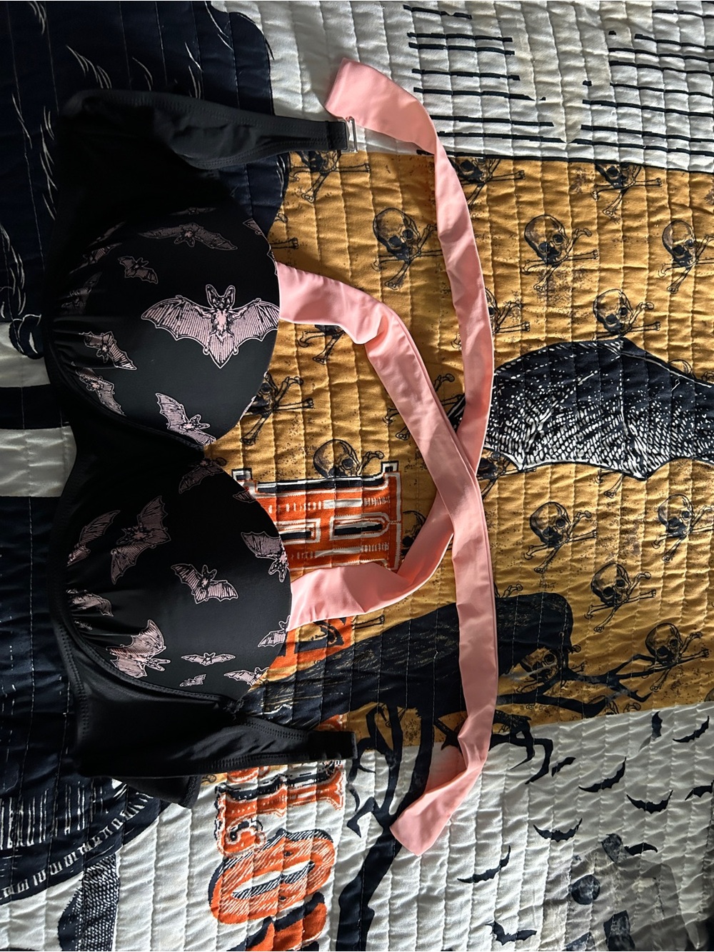 Black Bat-Print Bikini Set with Pink Ties